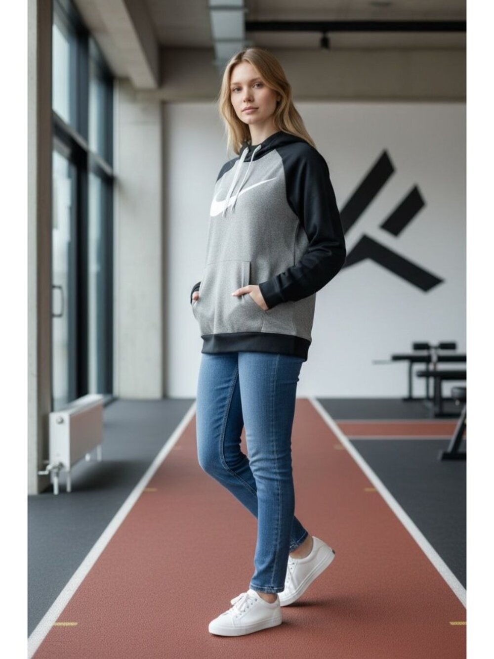 Nike Dri Fit Womens M Black Gray Athletic Sport Kangaroo Pocket Pullover Hoodie